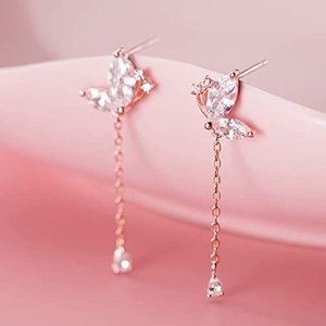 925 Sterling Silver CZ Butterfly Dangle Earrings Droplet Chain for Women Teen